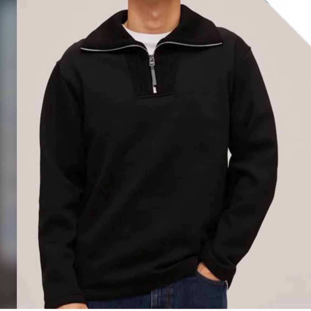 Theory Camner Quarter-Zip Funnel Neck Black Cotton Blend Pullover Sweatshirt XL